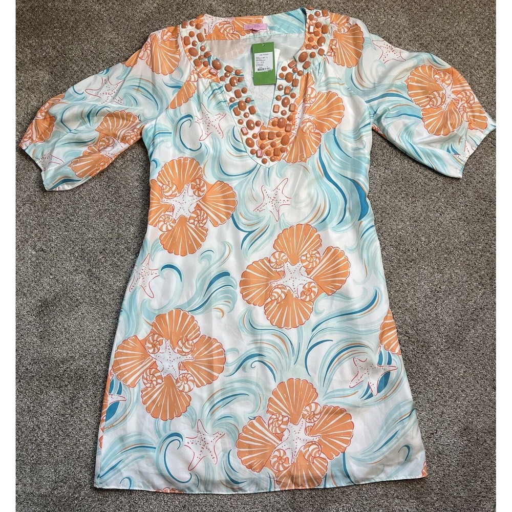 NEW Lilly Pulitzer Silk Women's Alice Dress 8 Lined Sleeve Orange/Blue Floral